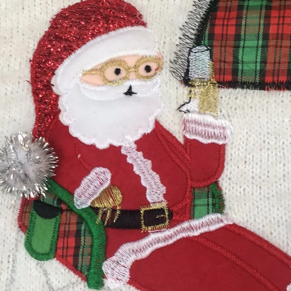 Merry & Bright Fuzzy Embroidered Santa Rudolph Camp Funny Ugly Christmas Sweater
